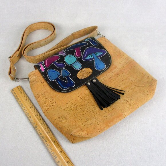 Mushroom Purse Leather Cork Hand Painted Shoulder Crossbody Bag - Picture 1 of 9